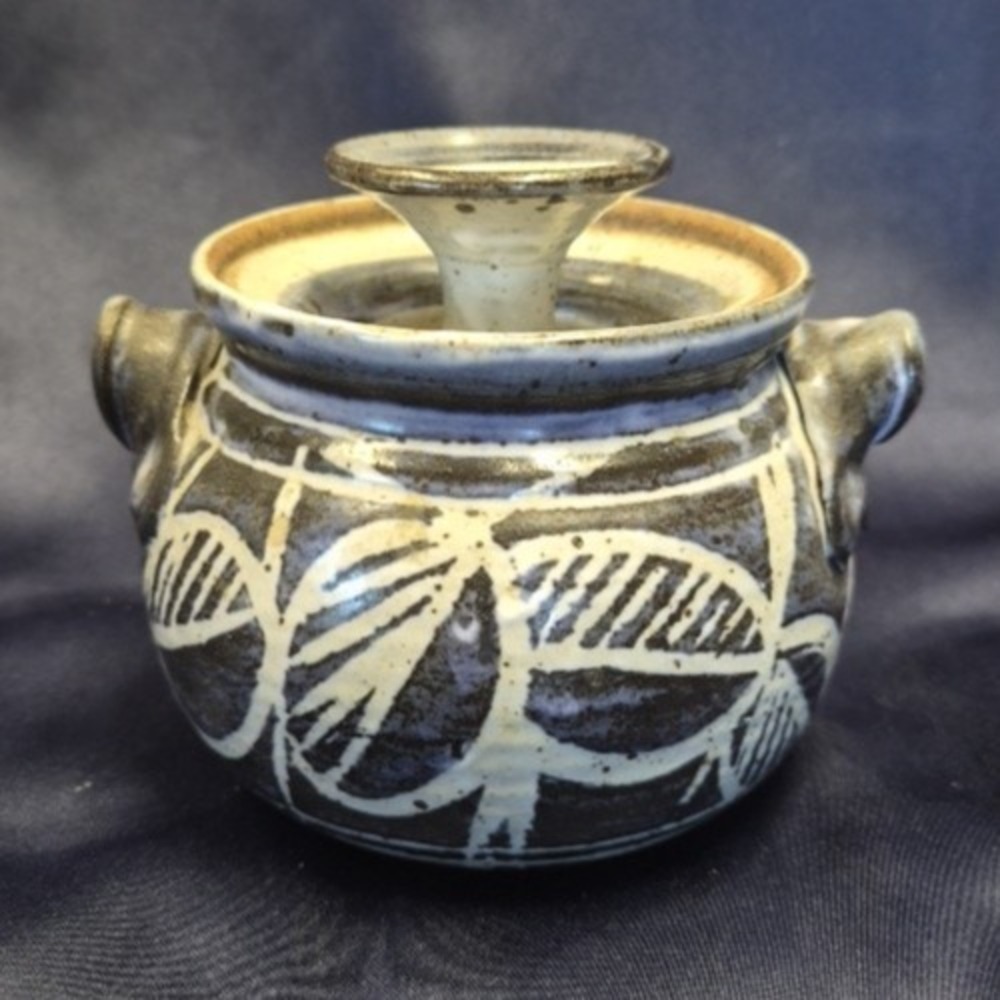 Blue Floral Art Pottery Jar 5.5 tall with Lid
